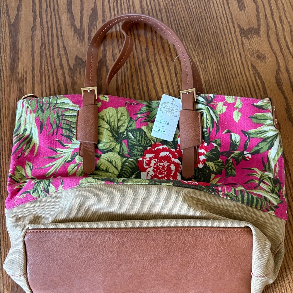 CeCe Floral Canvas Tote Bag with Tan Accent